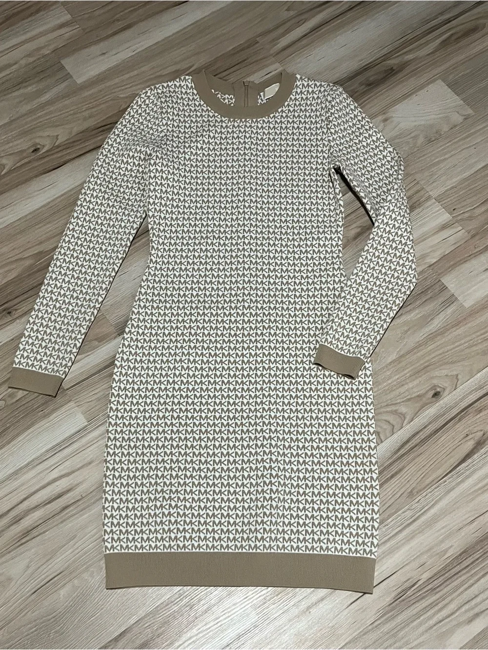 Michael Kors Taupe and Cream Logo Knit Long-Sleeve Dress